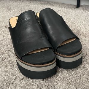 Black Leather Platform Slides
